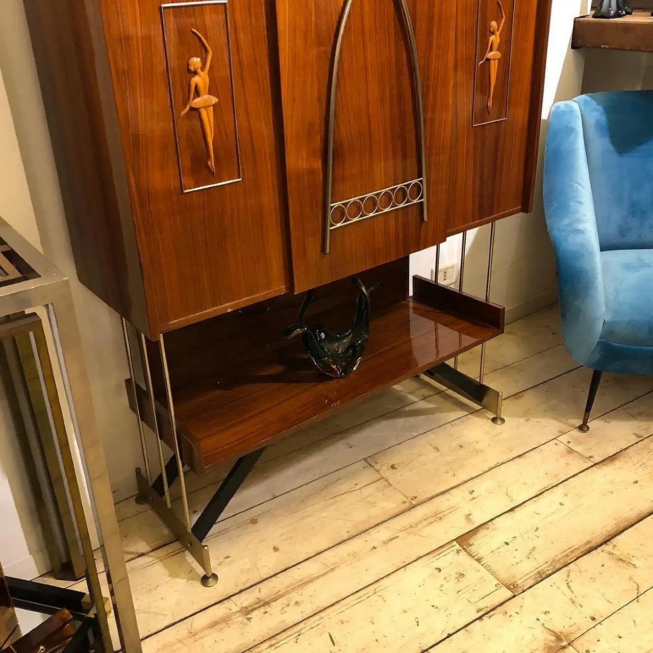 Wood bar cabinet with door convertible into side table, 1950s 11