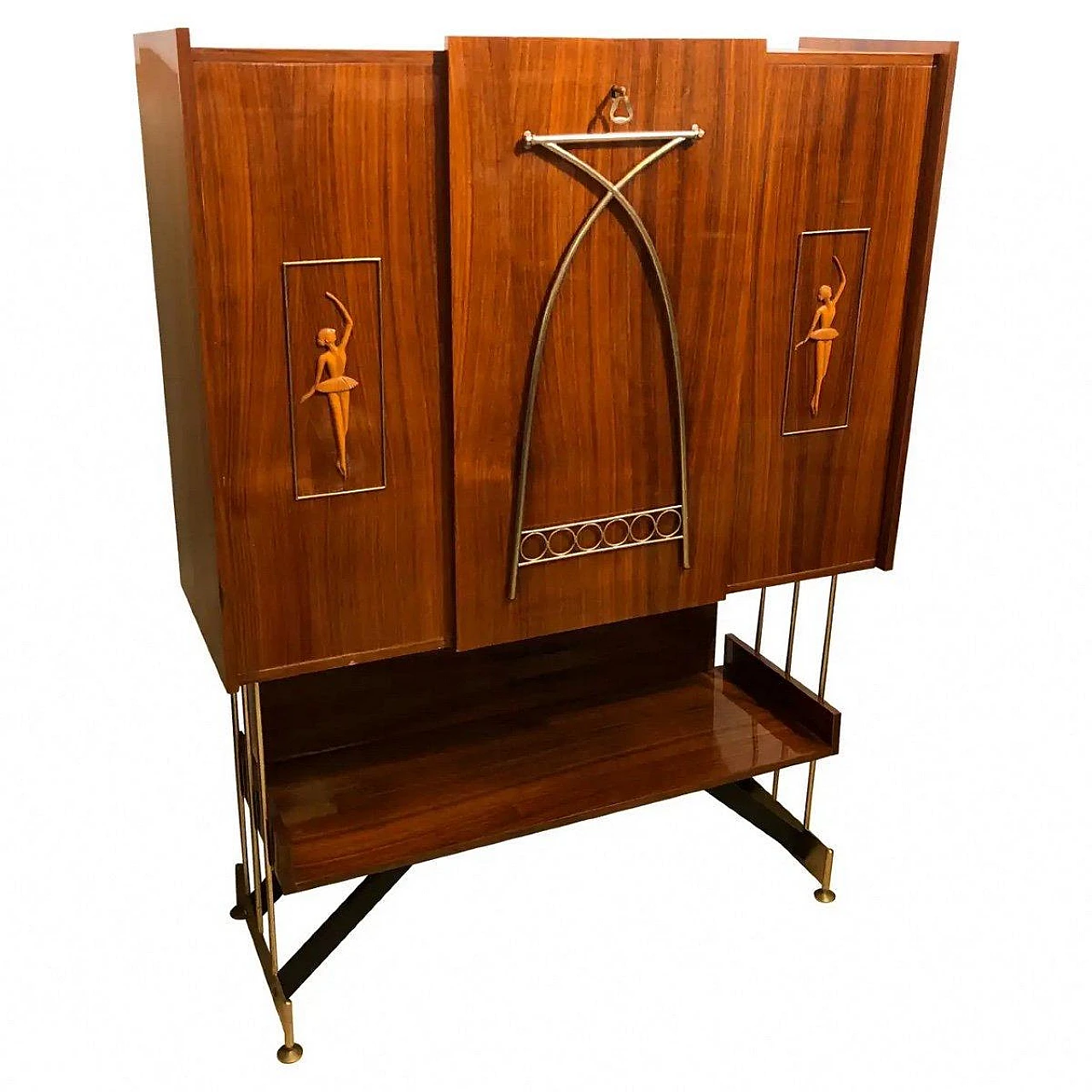 Wood bar cabinet with door convertible into side table, 1950s 13