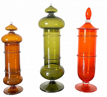 3 Lidded coloured Murano glass vases, 1960s