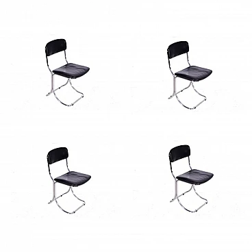 4 Tubular steel and black leather chairs, 1970s