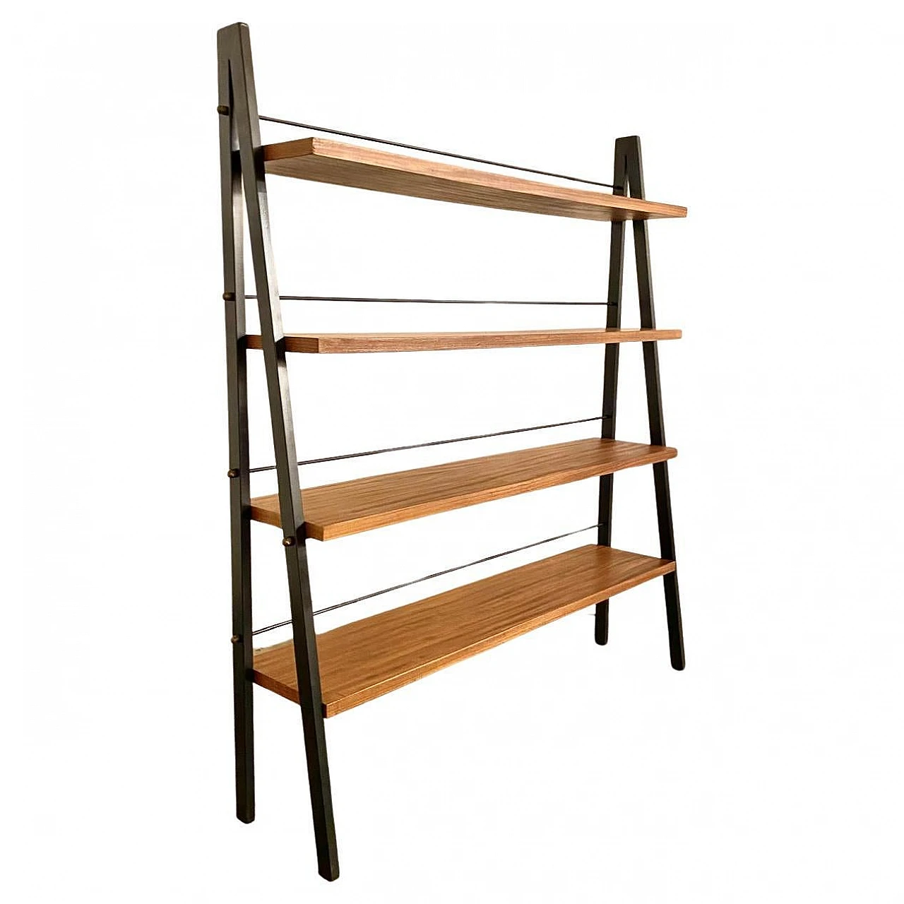 Bookcase with black iron tubular frame and teak, 1960s 1