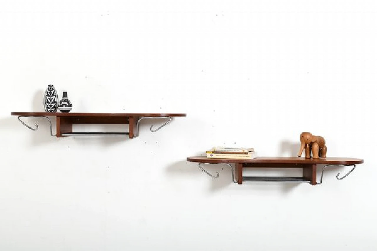 Pair of Danish clothes hangers in teak and chromed metal, 1950s 1