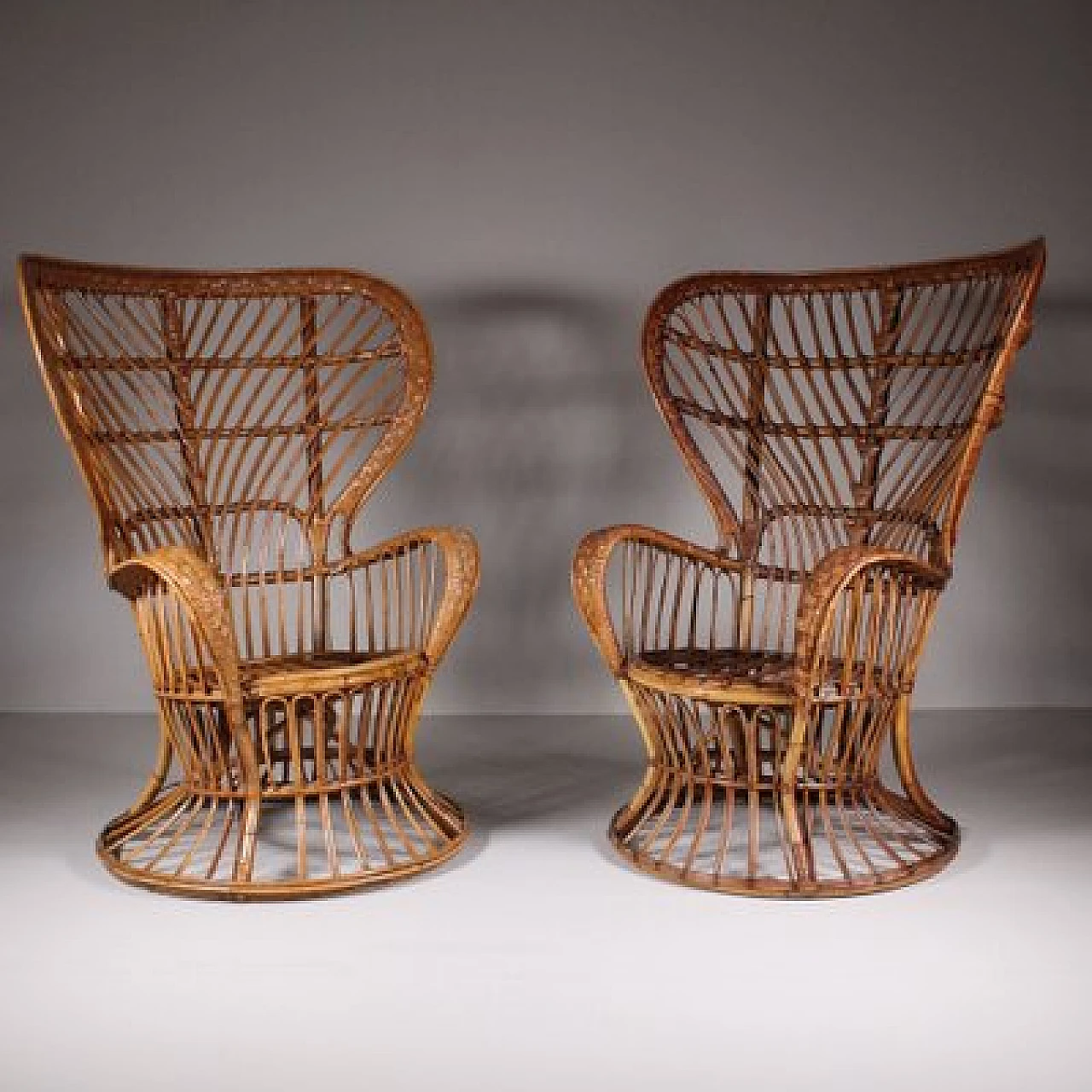 Pair of armchairs with wicker structure by Lio Carminati, 1950s 4