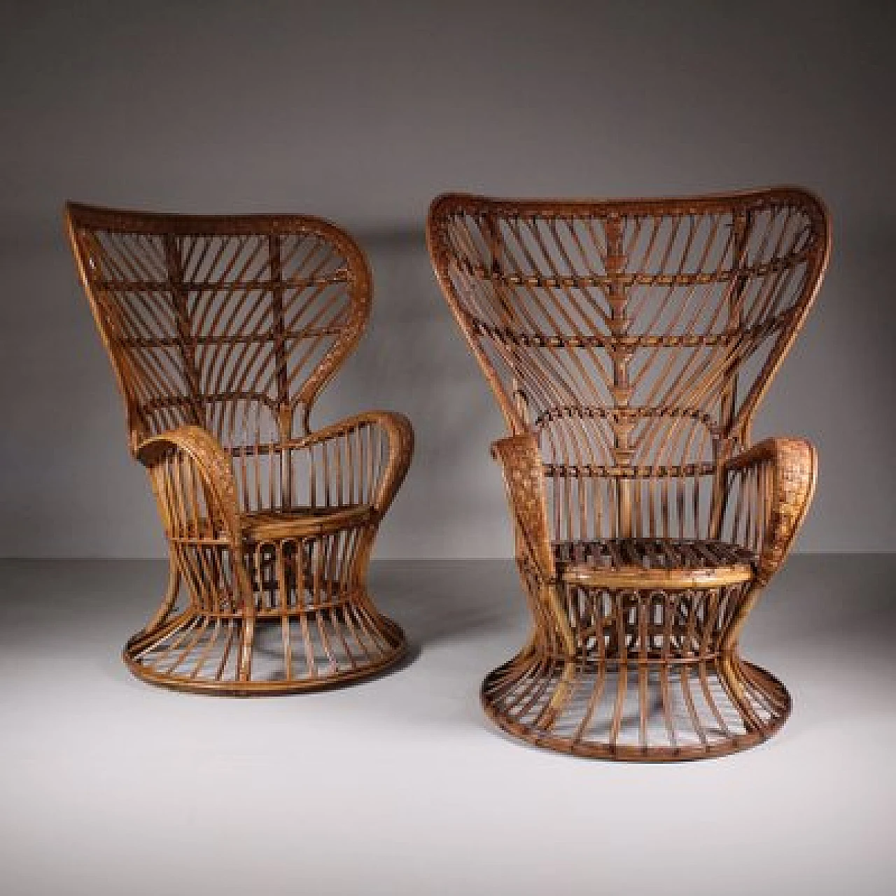 Pair of armchairs with wicker structure by Lio Carminati, 1950s 7