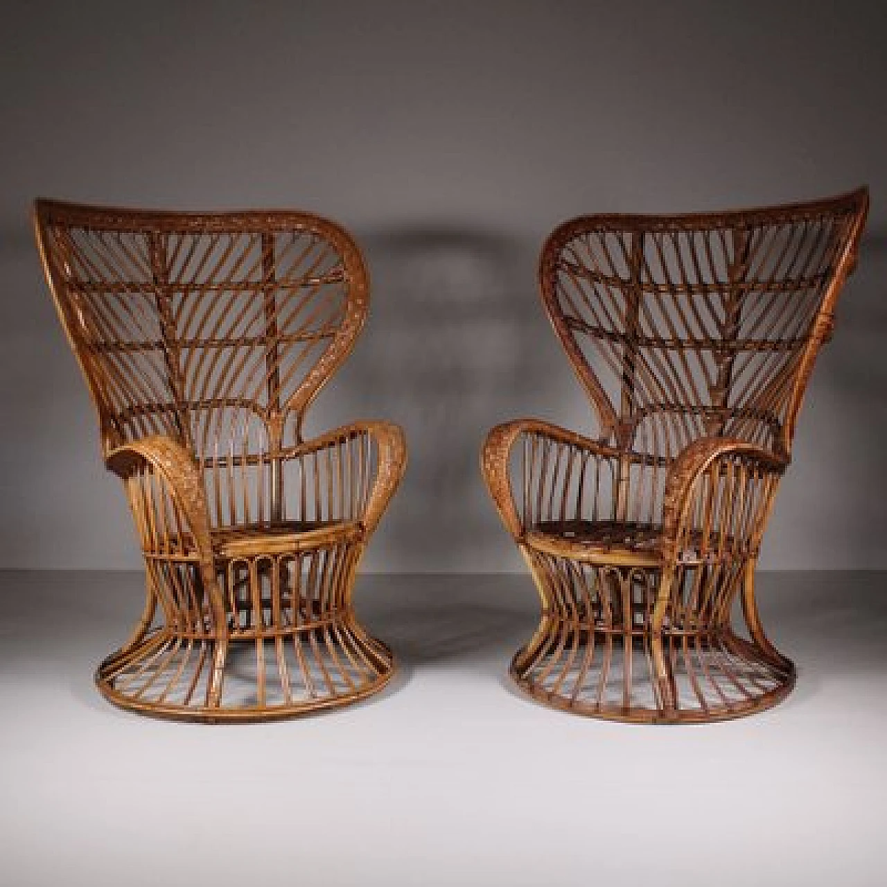 Pair of armchairs with wicker structure by Lio Carminati, 1950s 9