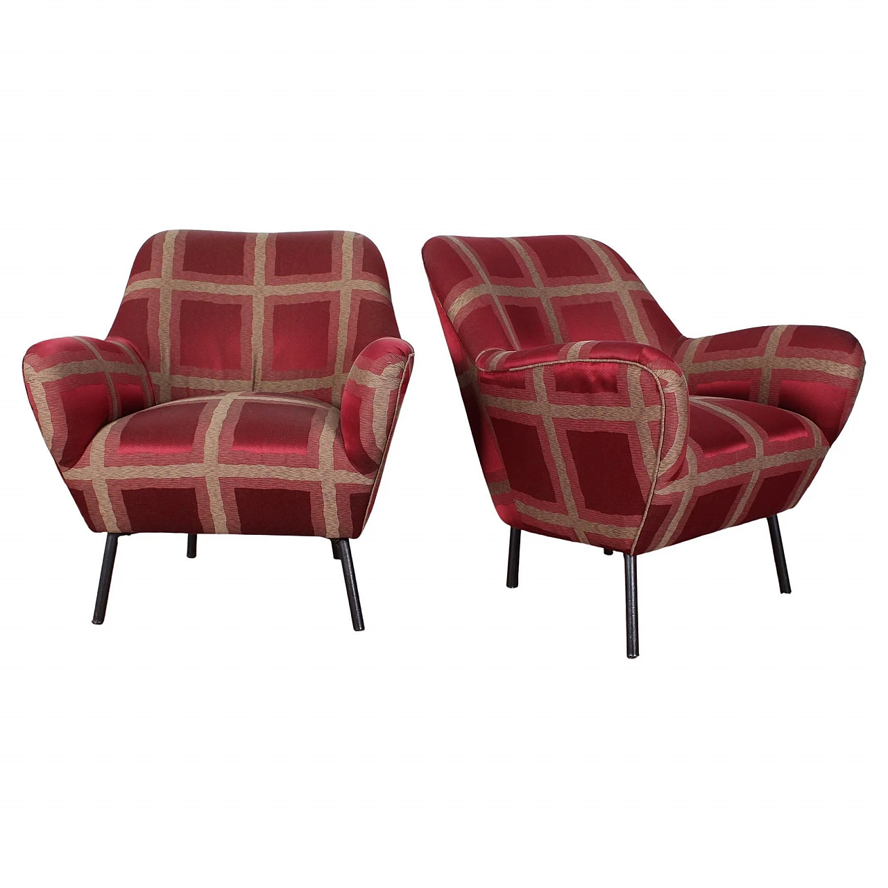 Pair of red checked satin armchairs attr. to Ovaldo Borsani, 1950s 1