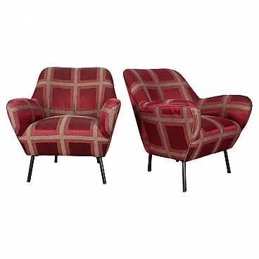 Pair of red checked satin armchairs attr. to Ovaldo Borsani, 1950s