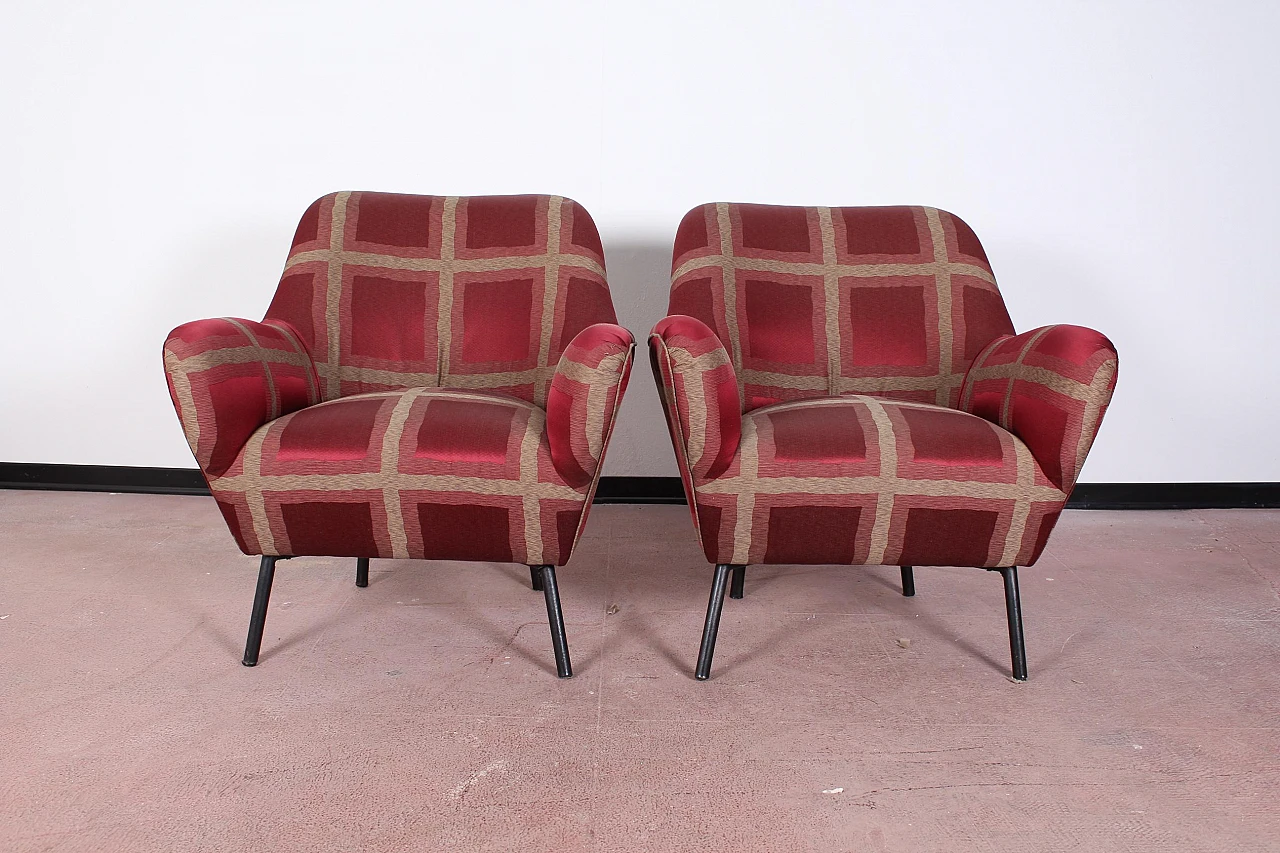 Pair of red checked satin armchairs attr. to Ovaldo Borsani, 1950s 2