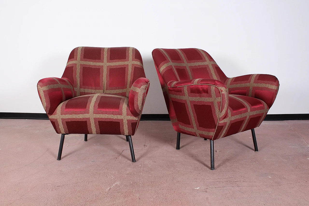 Pair of red checked satin armchairs attr. to Ovaldo Borsani, 1950s 3