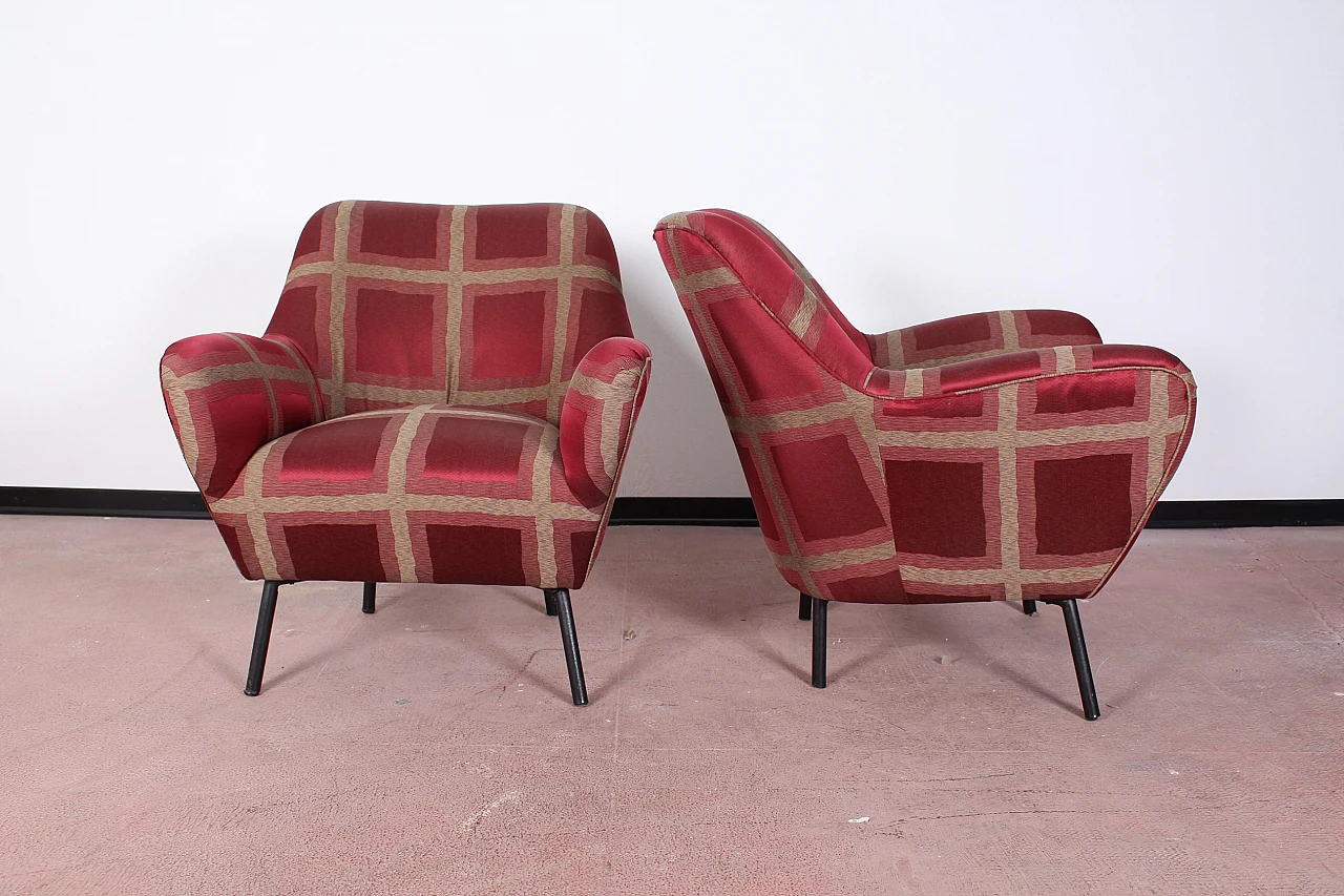 Pair of red checked satin armchairs attr. to Ovaldo Borsani, 1950s 4