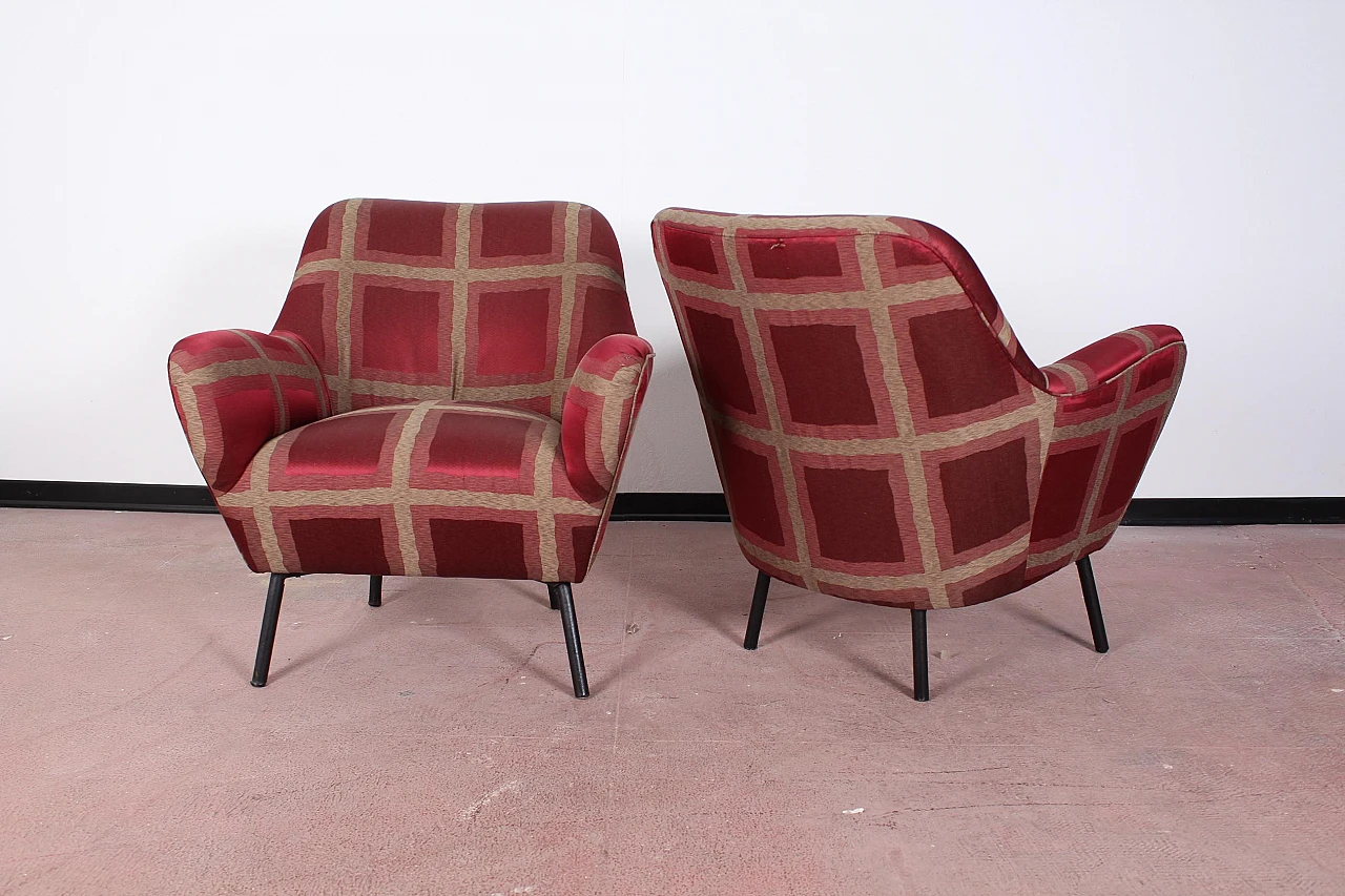 Pair of red checked satin armchairs attr. to Ovaldo Borsani, 1950s 5