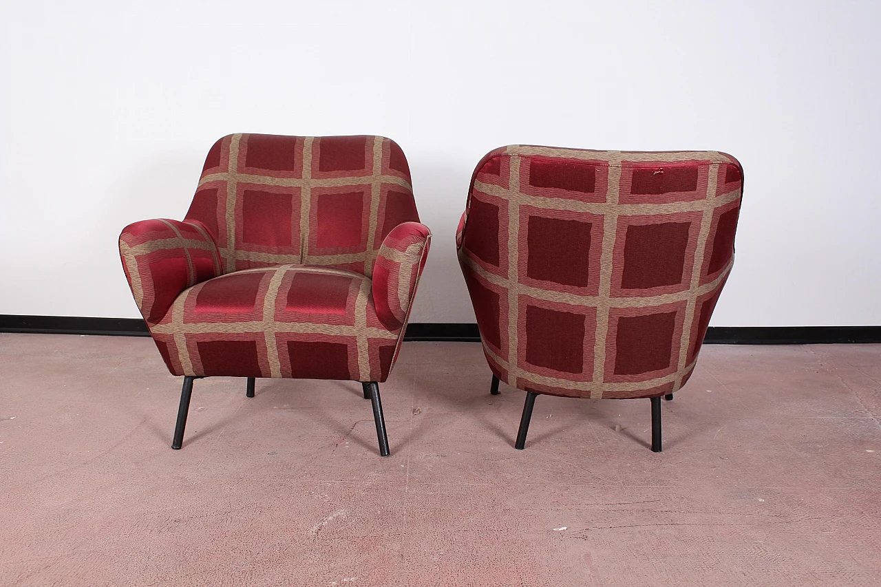 Pair of red checked satin armchairs attr. to Ovaldo Borsani, 1950s 6