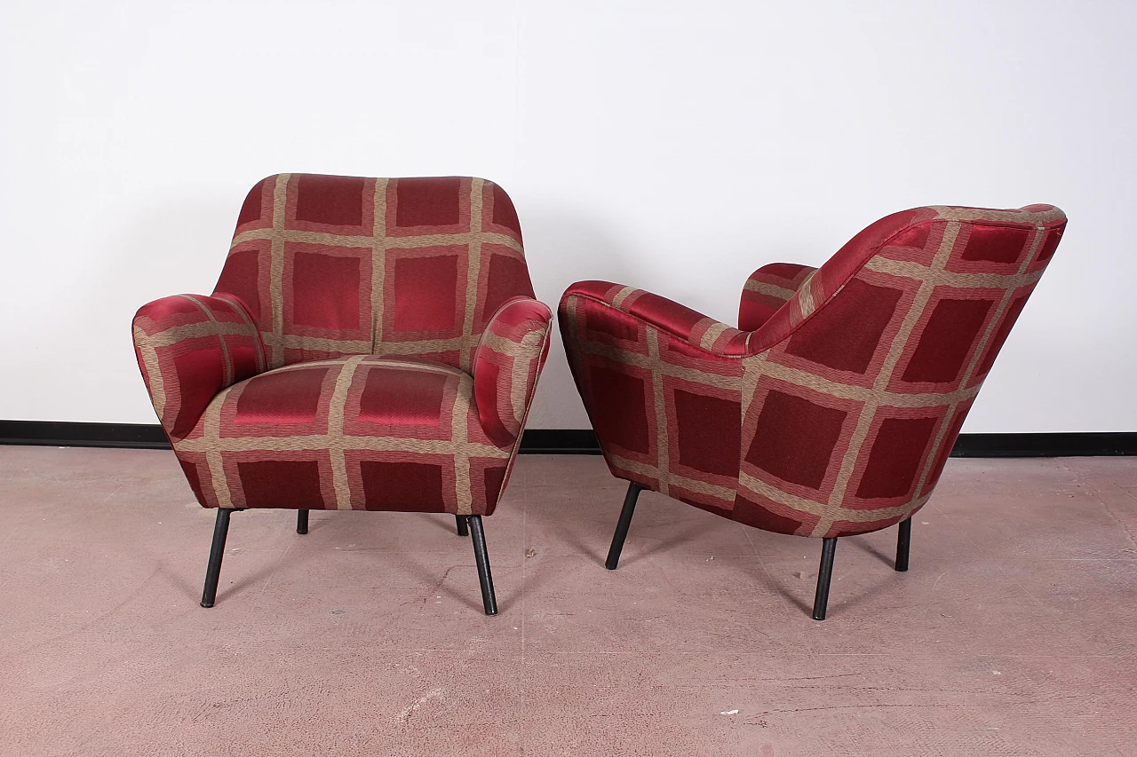 Pair of red checked satin armchairs attr. to Ovaldo Borsani, 1950s 7