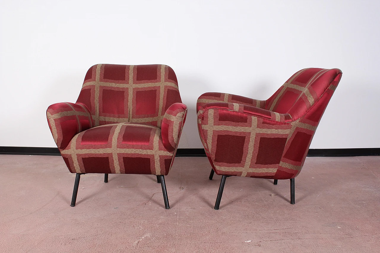 Pair of red checked satin armchairs attr. to Ovaldo Borsani, 1950s 8