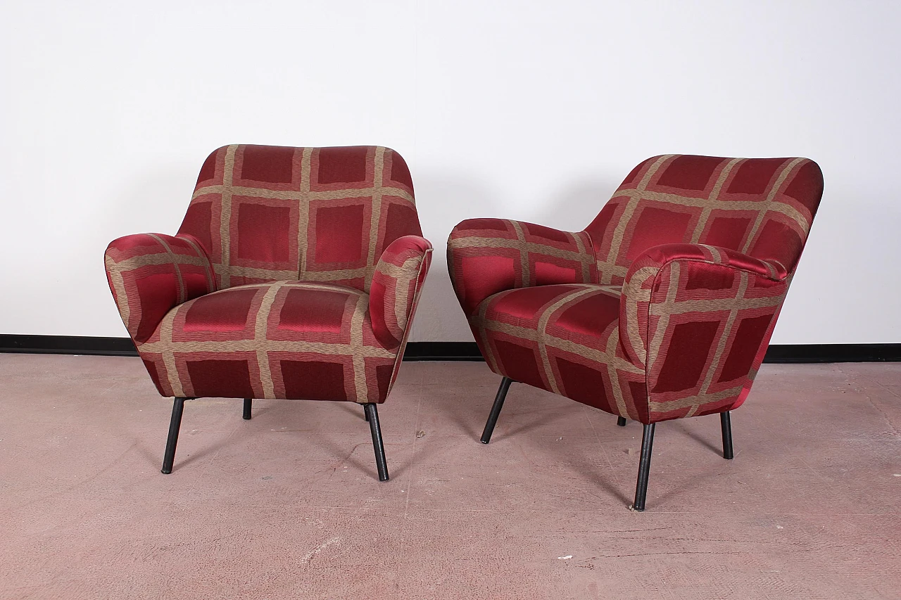 Pair of red checked satin armchairs attr. to Ovaldo Borsani, 1950s 9