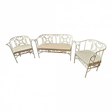 Ivory wrought iron garden bench and pair of chairs, 1980s