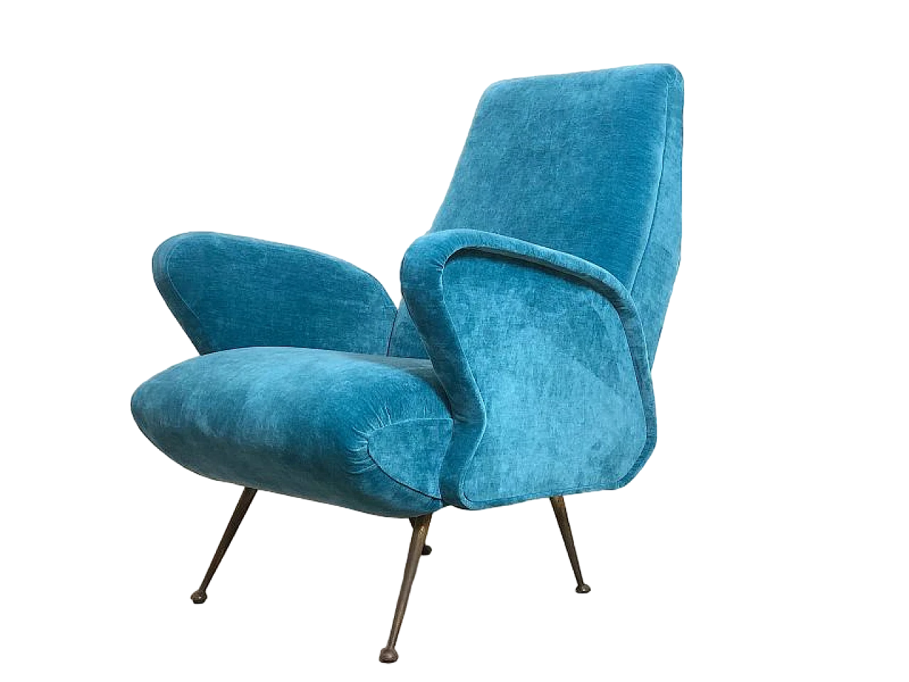 Armchair in solid wood, blue velvet and brass tips, 1960s 14