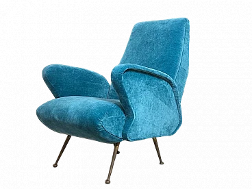 Armchair in solid wood, blue velvet and brass tips, 1960s