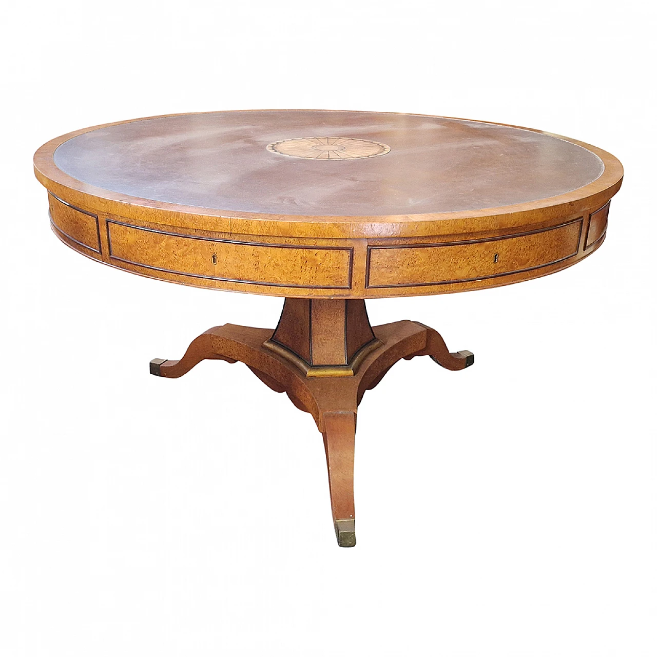 Empire style thuja-root and leather table with inlay, 1980s 1