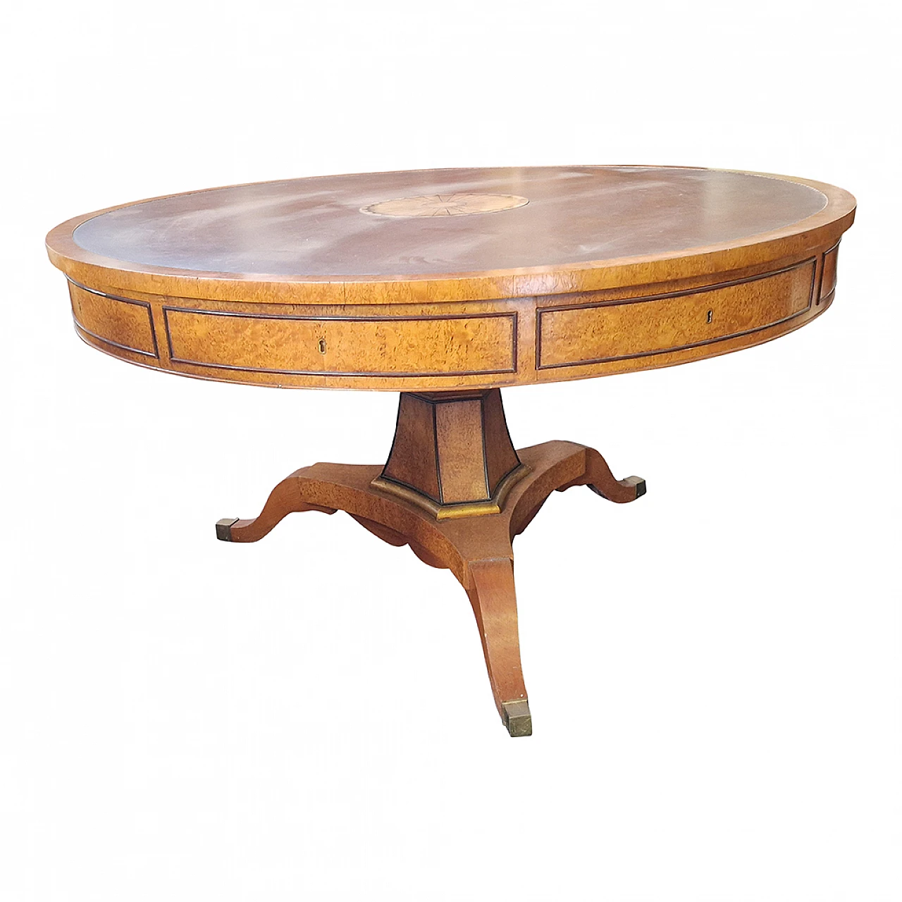 Empire style thuja-root and leather table with inlay, 1980s 2