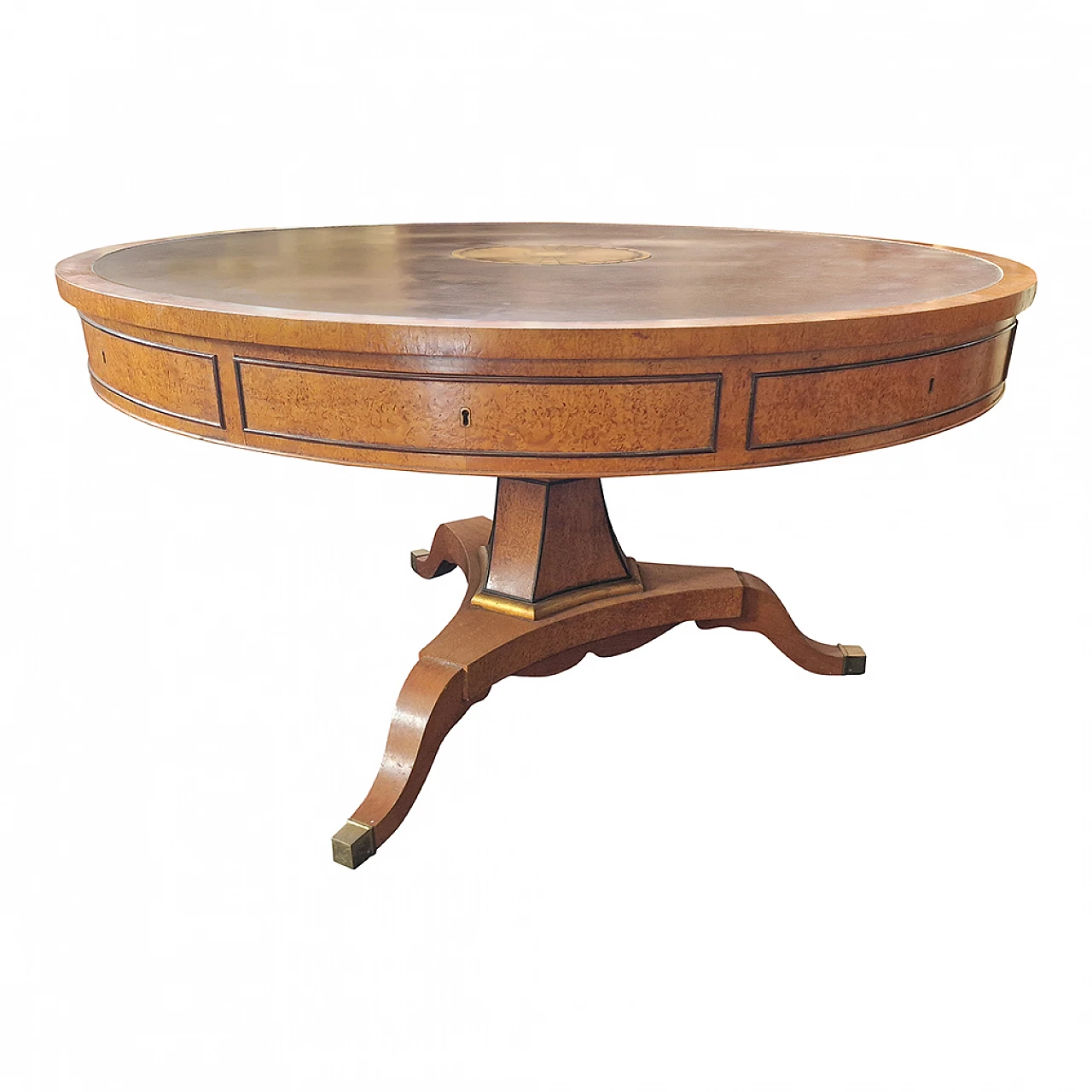 Empire style thuja-root and leather table with inlay, 1980s 5