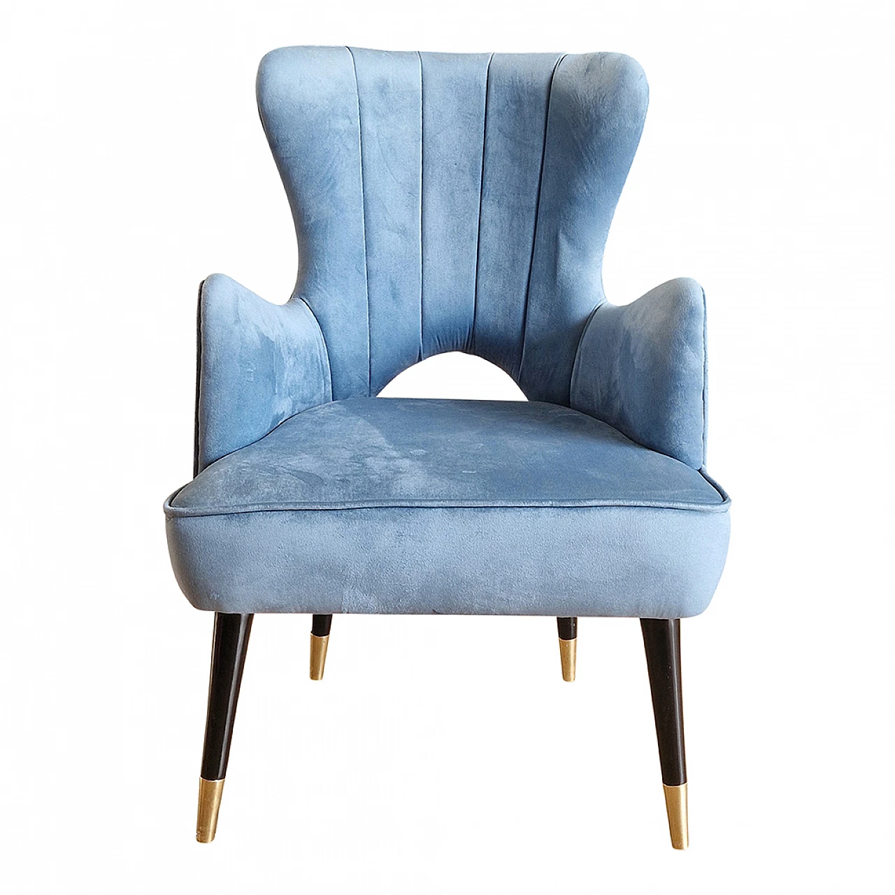 Light blue velvet and black lacquered wood armchair, 1980s 2