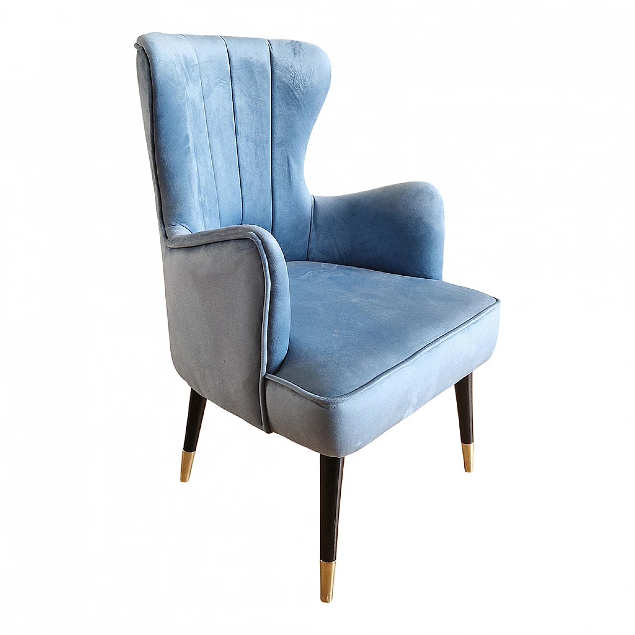 Light blue velvet and black lacquered wood armchair, 1980s 3