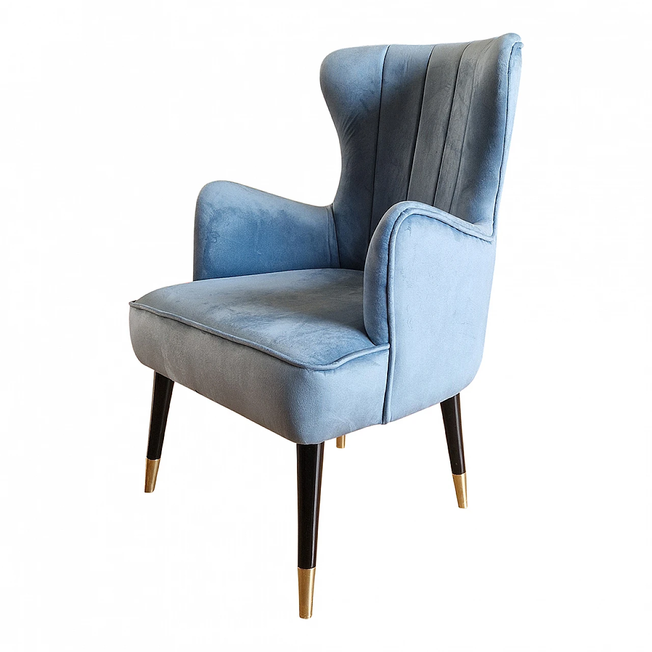 Light blue velvet and black lacquered wood armchair, 1980s 4