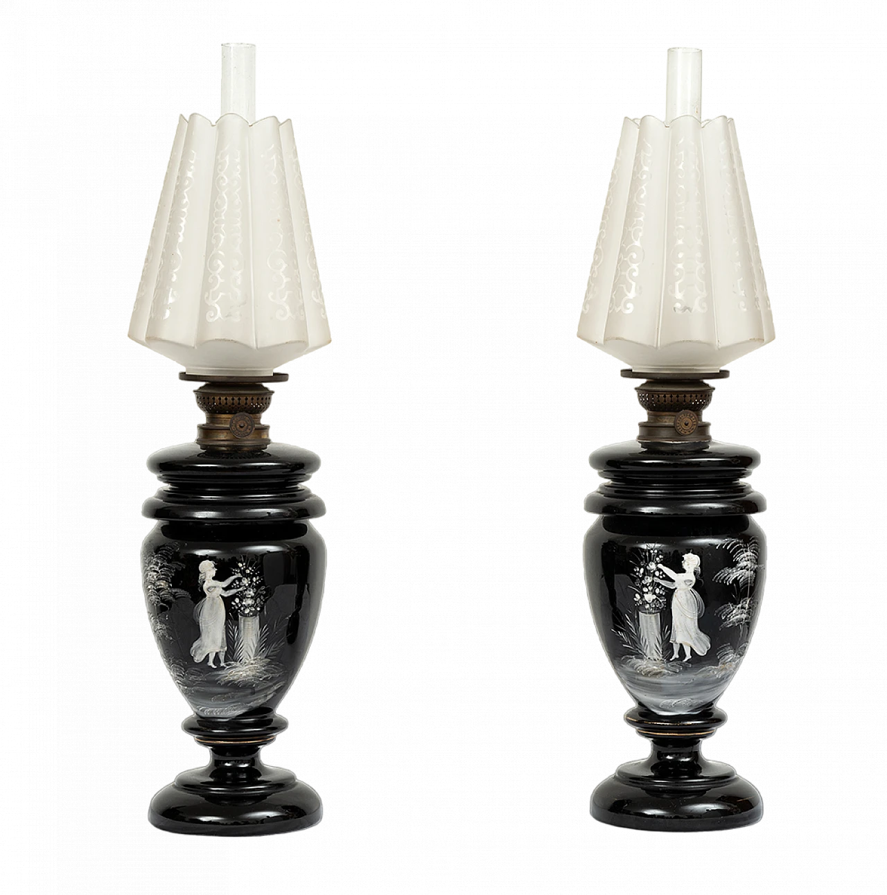 Pair of Neapolitan ceramic and glass oil lamps, 19th century 6