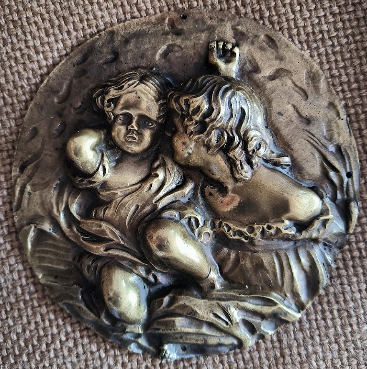 Mother with child, round bronze plaque, 1920s 3