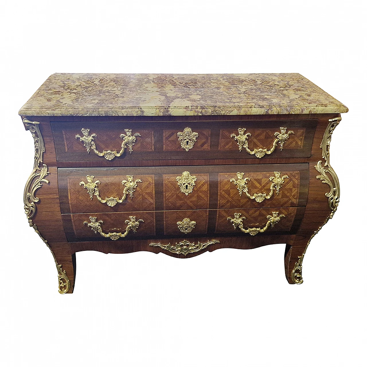 Louis XV style wood, Breche marble and gilded bronze dresser, 1950s 1