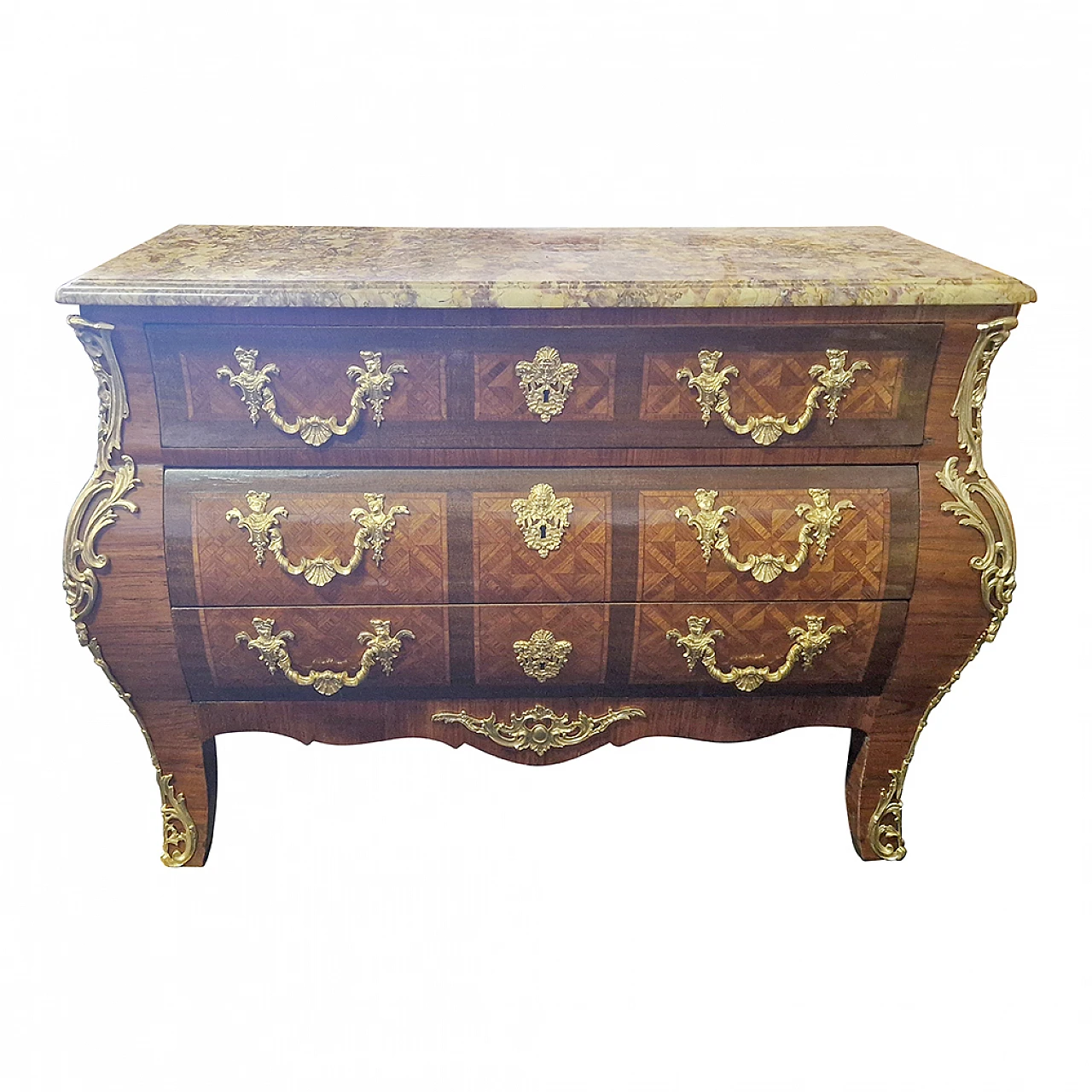 Louis XV style wood, Breche marble and gilded bronze dresser, 1950s 2