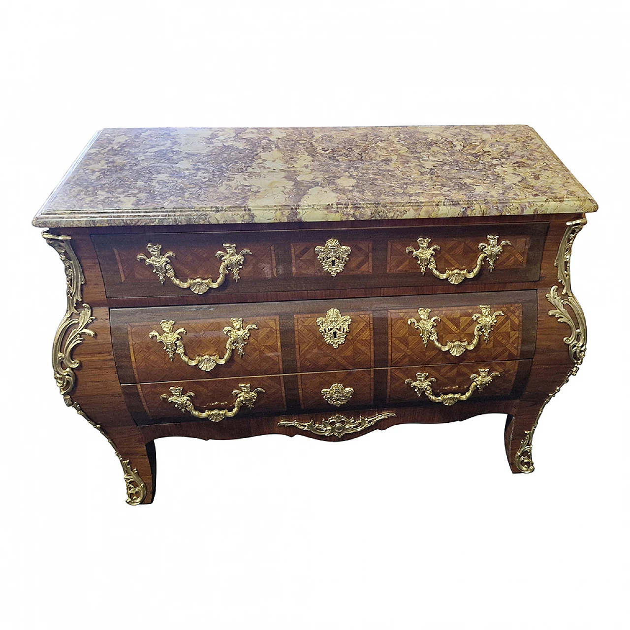 Louis XV style wood, Breche marble and gilded bronze dresser, 1950s 4