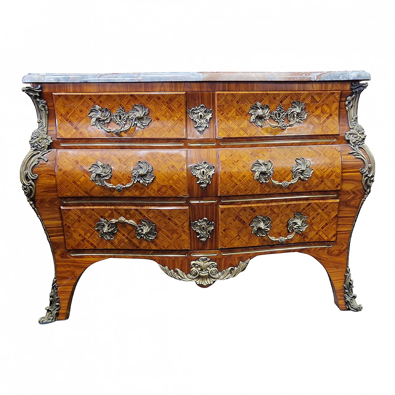 Louis XV style almond wood, marble and bronze dresser, 1960s 1