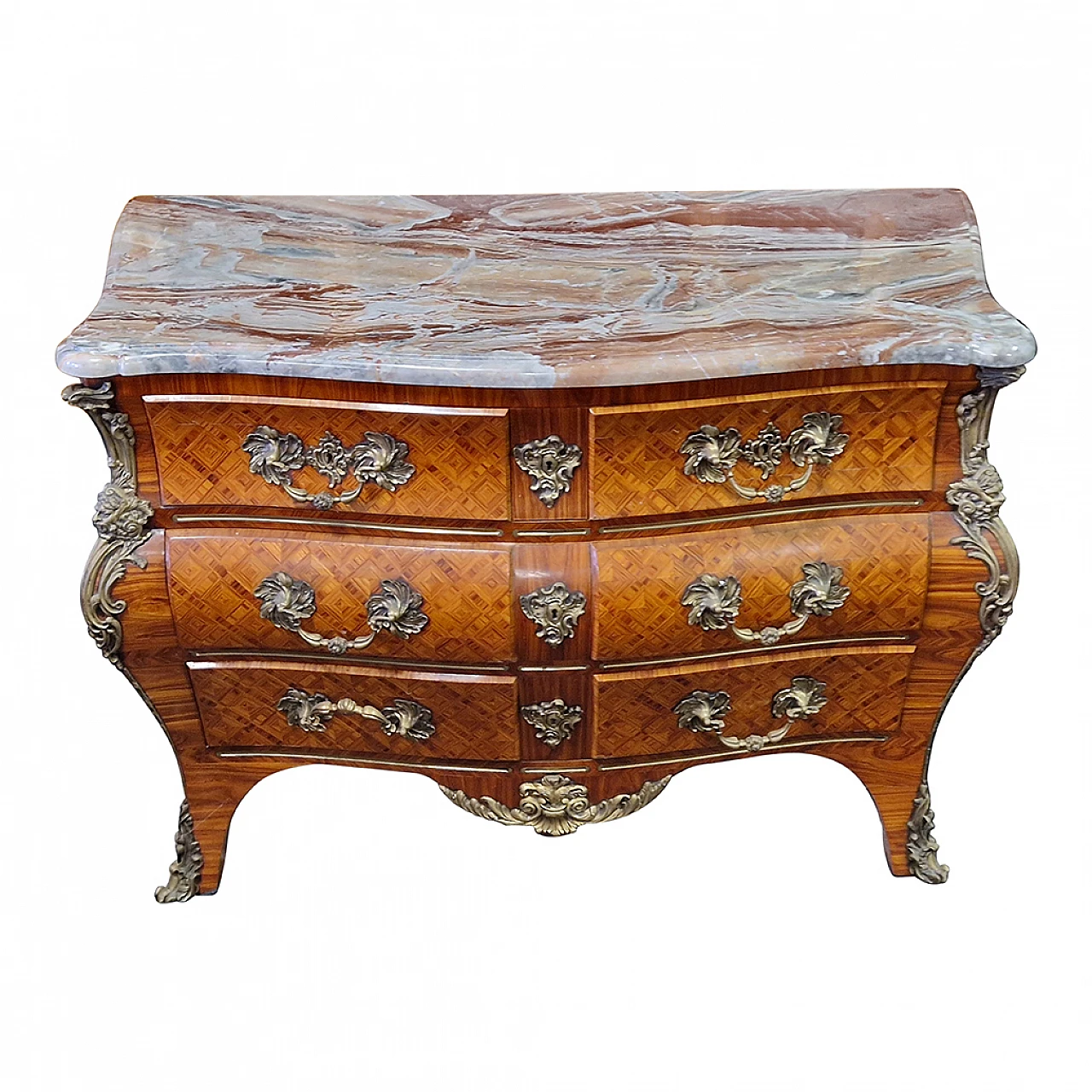 Louis XV style almond wood, marble and bronze dresser, 1960s 2