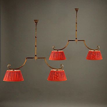 Coppia di lampadari in ottone e tessuto, inizio '900