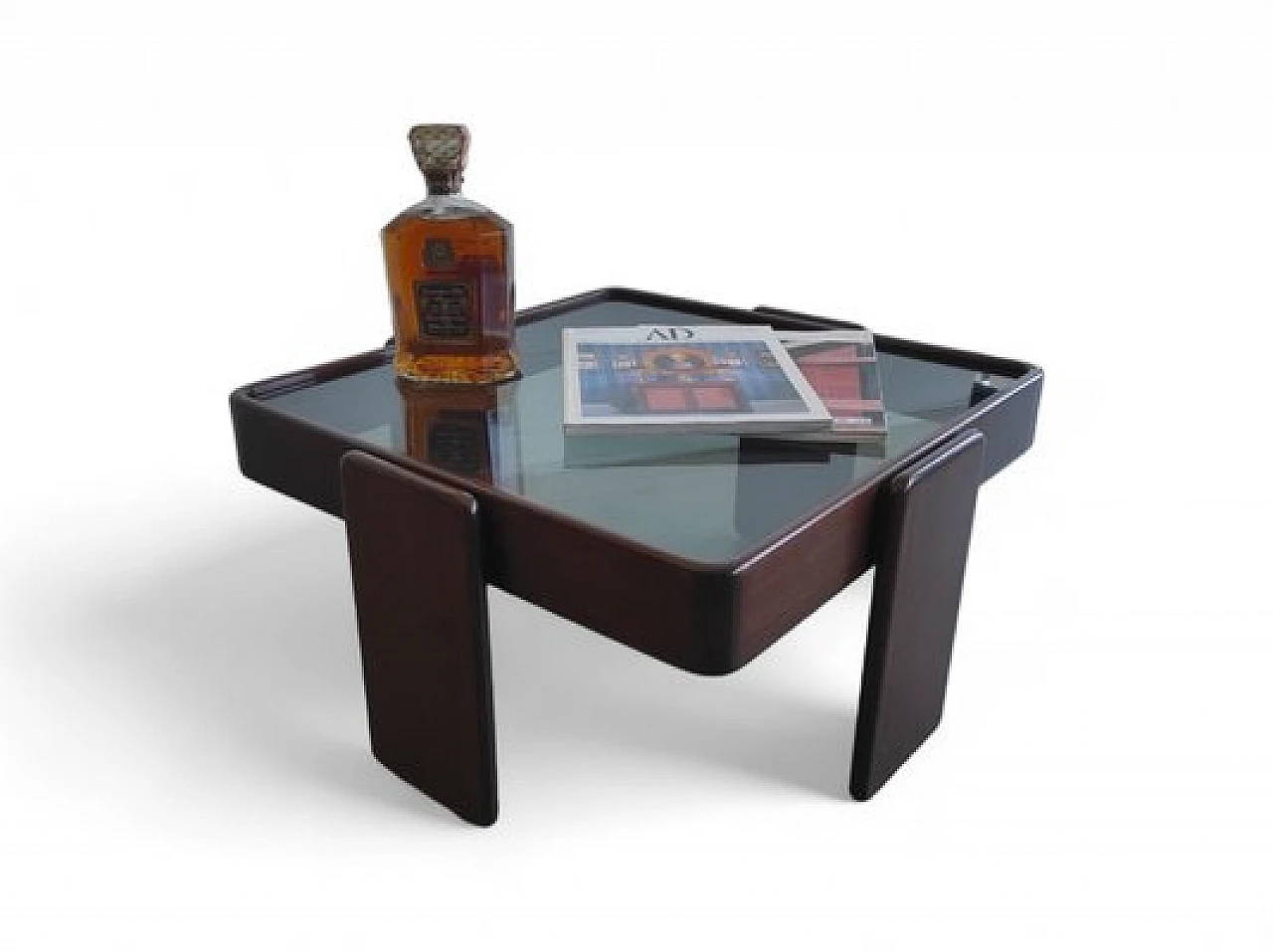 Coffee table in wood & smoked glass by G. Frattini for Cassina, 1970s 2