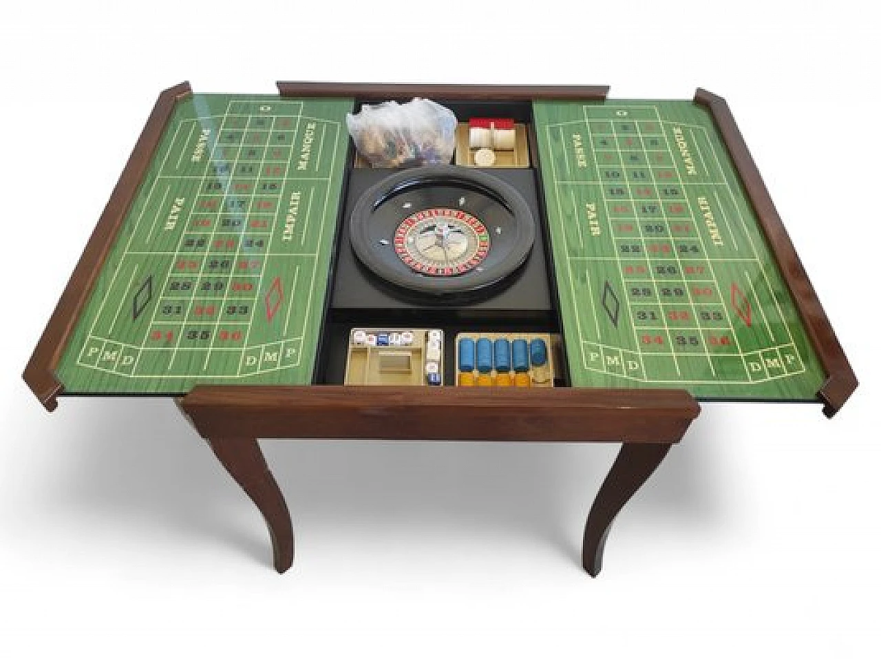 Wooden game table with 4 chairs and accessories, 1980s 10