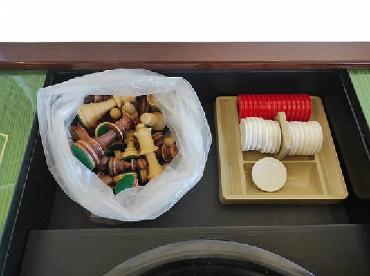 Wooden game table with 4 chairs and accessories, 1980s 12