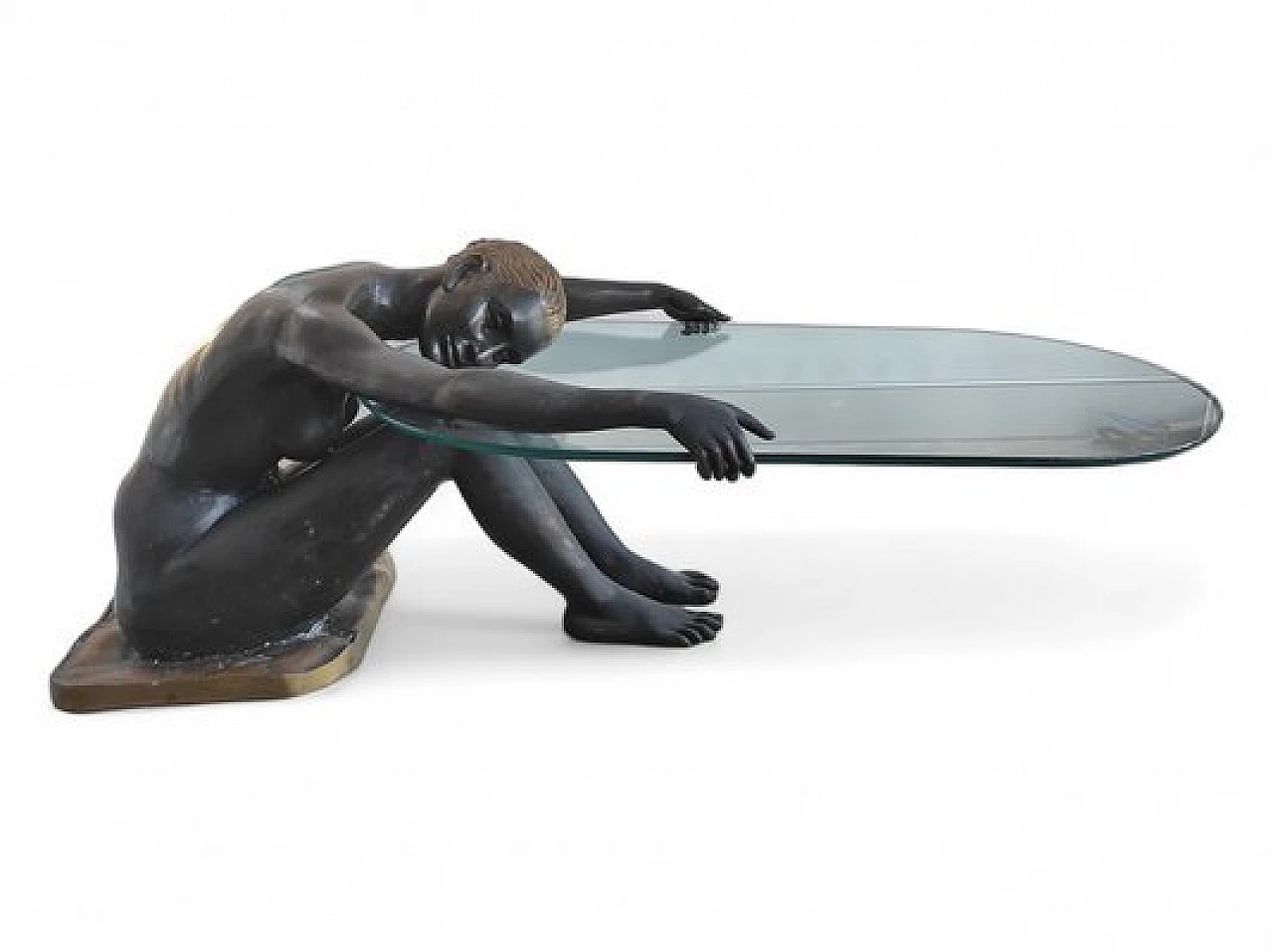 Crystal coffee table with seated woman sculpture in bronze, 1980s 1