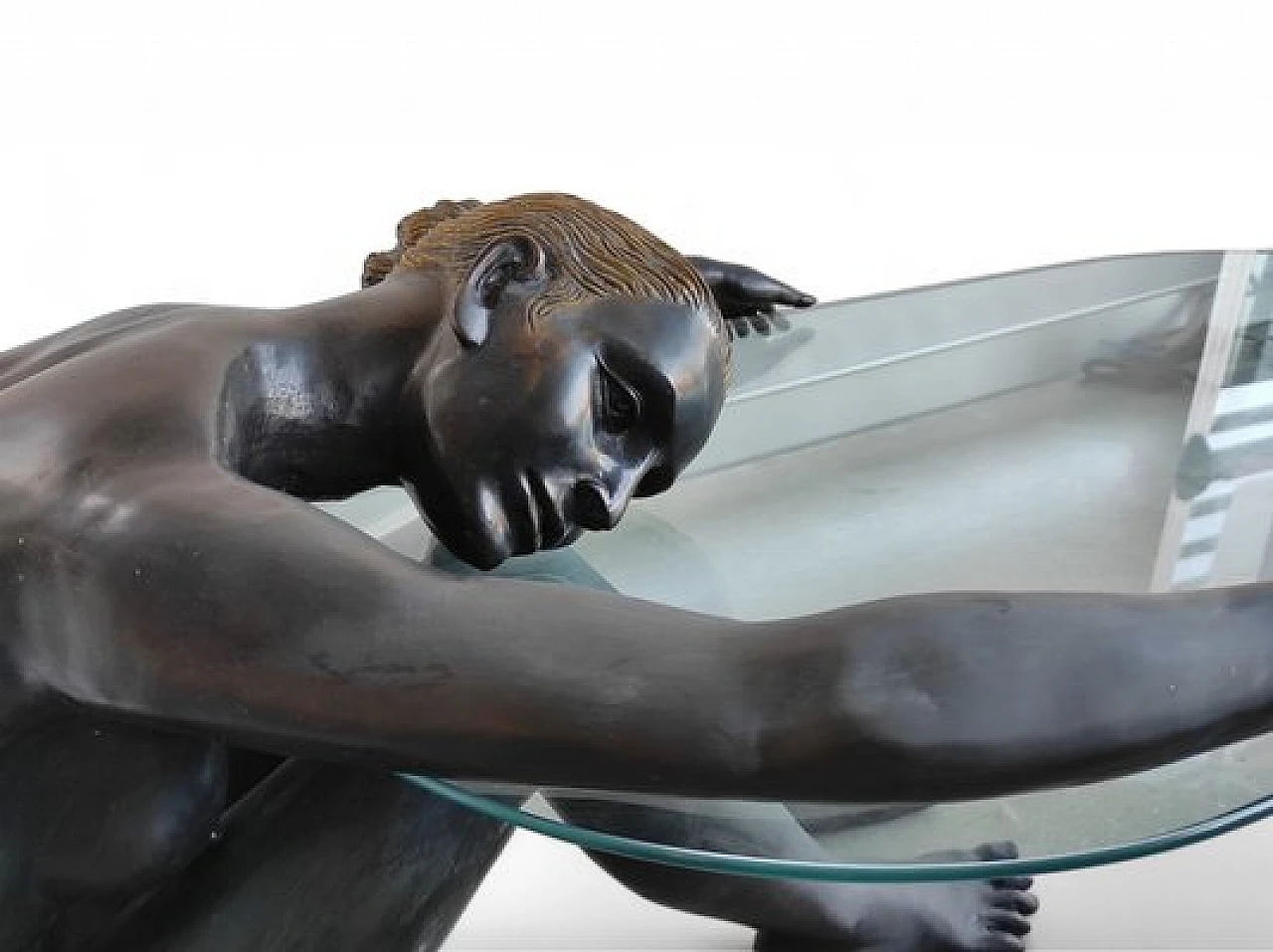 Crystal coffee table with seated woman sculpture in bronze, 1980s 3