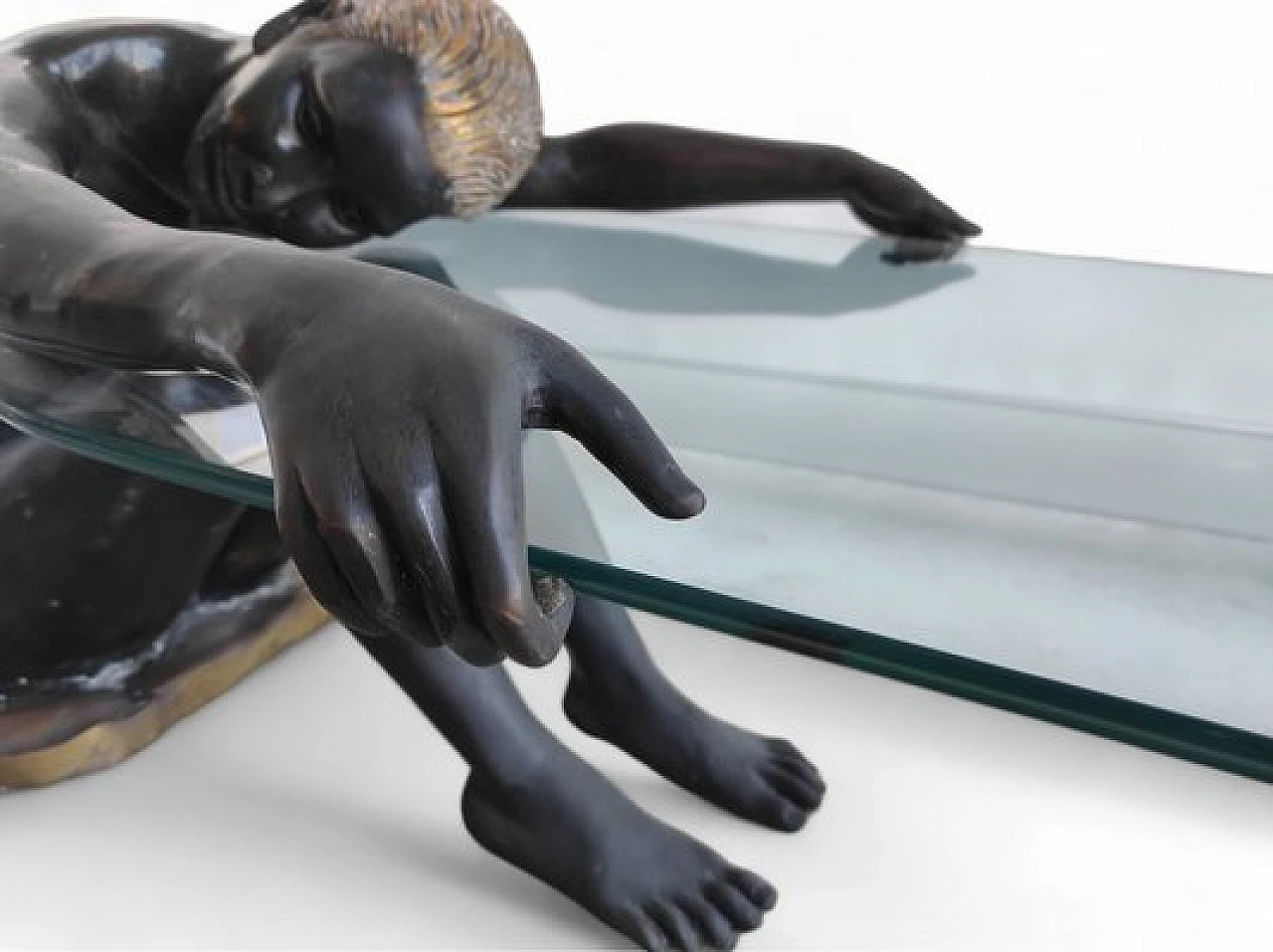 Crystal coffee table with seated woman sculpture in bronze, 1980s 4