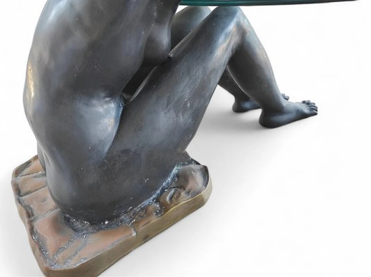 Crystal coffee table with seated woman sculpture in bronze, 1980s 5