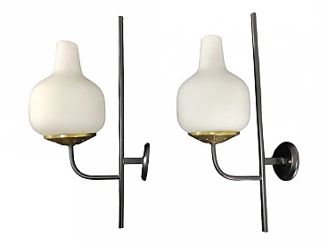 Pair of brass & glass wall lights attributed to Stilnovo, 1960s