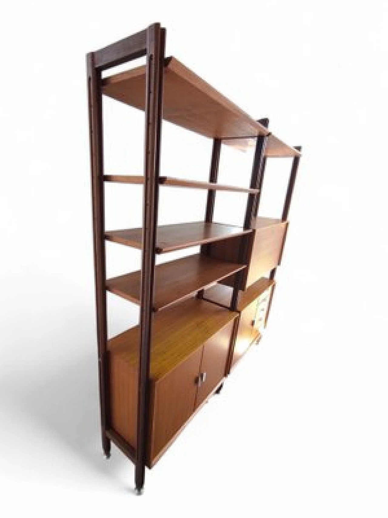 Swedish wooden bookcase with drawers & flap desk, 1960s 3