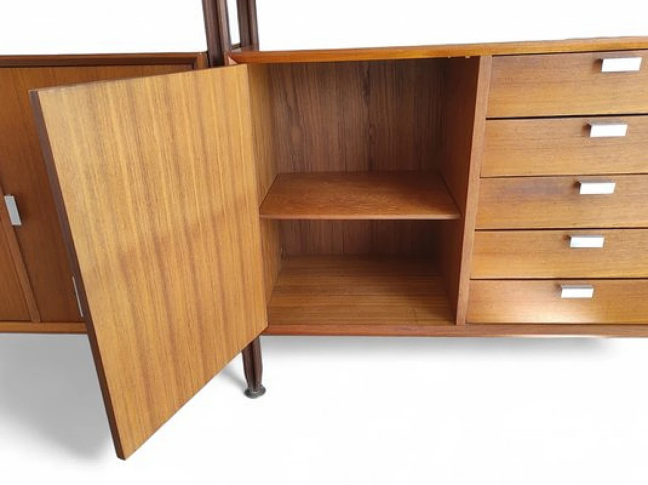 Swedish wooden bookcase with drawers & flap desk, 1960s 8