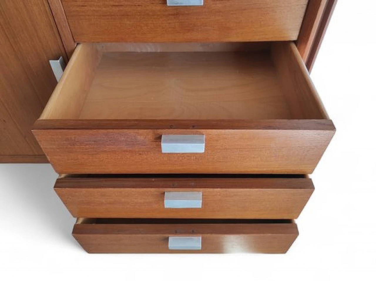 Swedish wooden bookcase with drawers & flap desk, 1960s 11