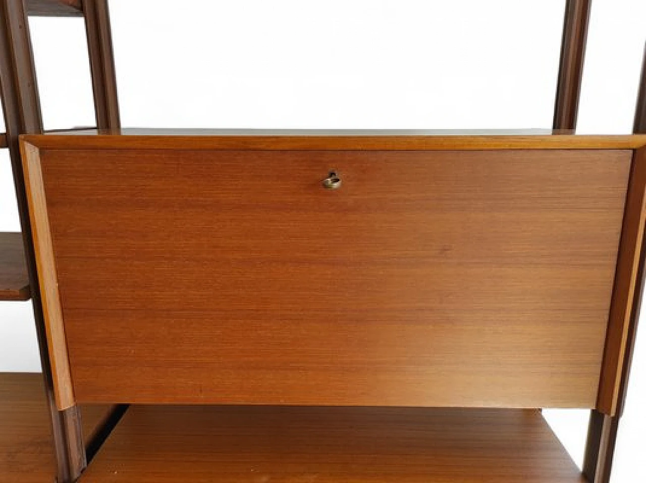 Swedish wooden bookcase with drawers & flap desk, 1960s 12