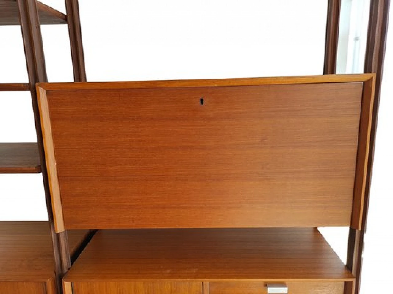 Swedish wooden bookcase with drawers & flap desk, 1960s 13