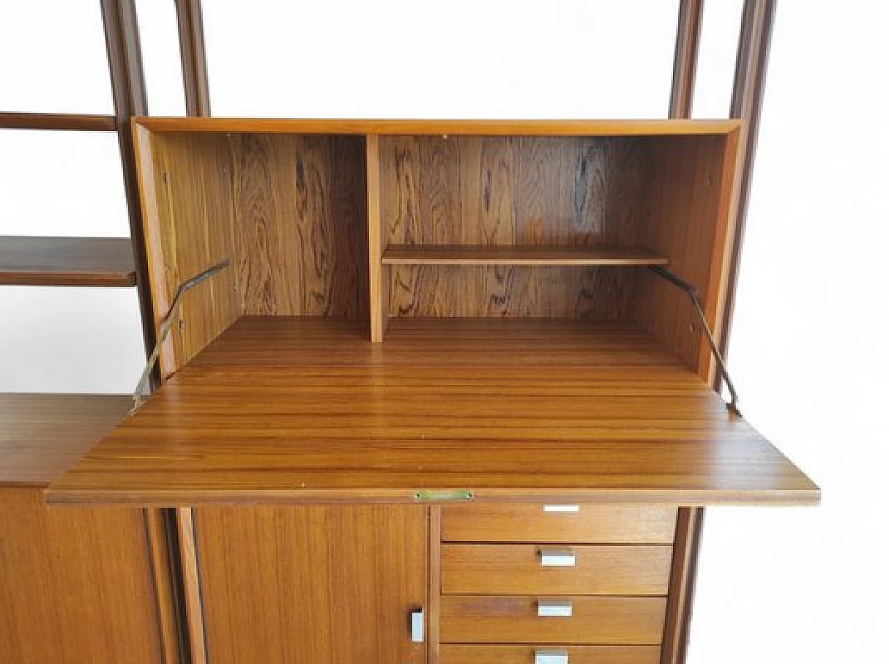 Swedish wooden bookcase with drawers & flap desk, 1960s 14